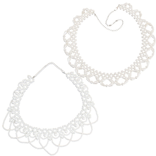 kilofly 2pc Women's White Faux Pearl Beaded False Collar Necklace Fashion Choker