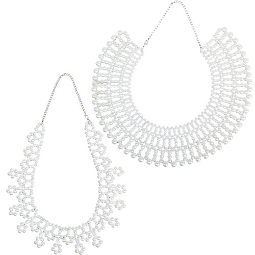 kilofly 2pc Women's White Faux Pearl Beaded False Collar Necklace Fashion Choker