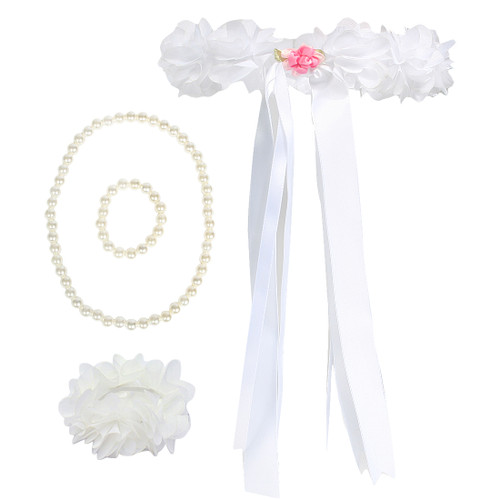 kilofly Wedding Flower Girl Headpiece, Floral Wrist Band + Necklace Bracelet Set
