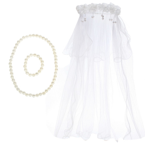 kilofly Wedding Girls Beaded Floral Hair Wreath Veil + Necklace Bracelet Set
