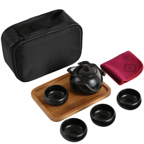 kilofly Chinese / Japanese Portable Tea Set - Teapot Cups Wooden Tray Travel Bag