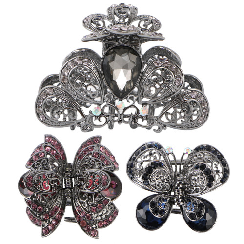 kilofly 3pc Women's Rhinestone Crystal Faux Hair Clip Claw Barrettes Value Pack
