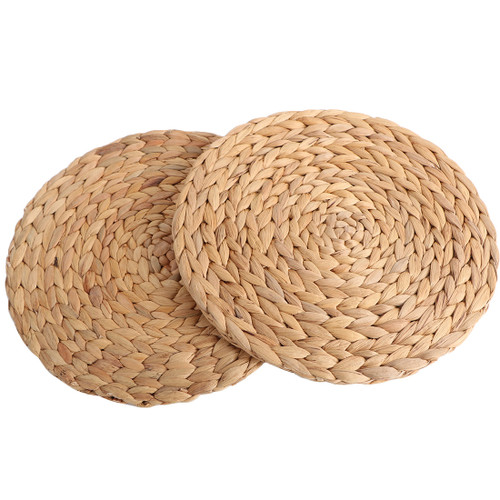 kilofly 2pc Natural Water Hyacinth Weave Placemat Round Braided Rattan Tablemats