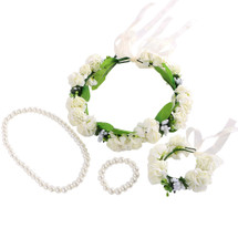 kilofly 4pc Flower Crown Wreath Headband Garland Wrist Band + Faux Pearl Jewelry