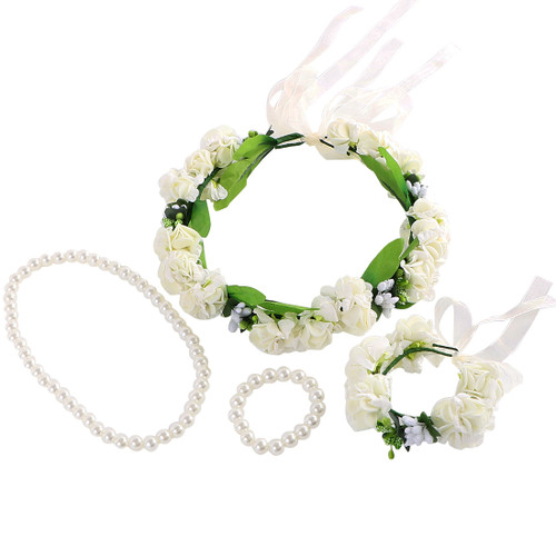 kilofly 4pc Flower Crown Wreath Headband Garland Wrist Band + Faux Pearl Jewelry