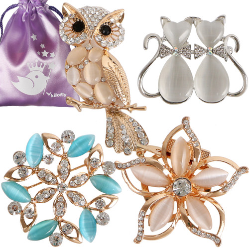 kilofly 4pc Women's Elegant Rhinestone Crystal Brooch Pin Set + Gift Pouch