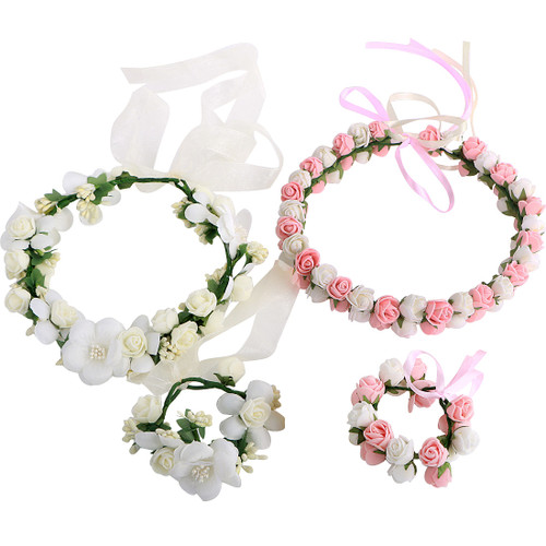 kilofly 2 Sets Flower Crown Wreath Headband Garland Floral Wrist Band Value Pack