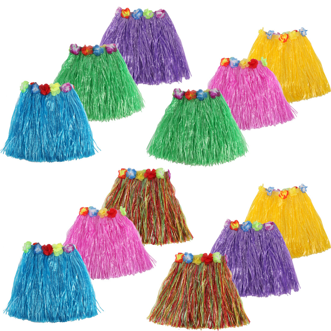 kilofly 2 Sets Girls Elastic Hawaiian Dancer Grass Hula Skirt Floral Lei Costume