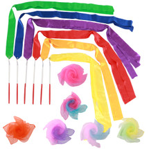 kilofly 6 Sets Kids Gymnastic Ribbon Wands + Athletic Dance Rainbow Scarves