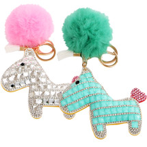 kilofly 2pc Faux Fox Fur Keychain Pom Pom Ball Pony Rhinestone Car Key Holder