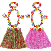 kilofly 2 Sets Girls Elastic Hawaiian Dancer Grass Hula Skirt Floral Lei Costume