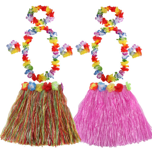 kilofly 2 Sets Girls Elastic Hawaiian Dancer Grass Hula Skirt Floral Lei Costume