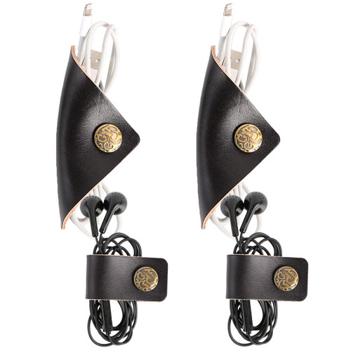 kilofly 4pc Genuine Leather Cord Management Keeper Snap Lock USB Cable Holder, Black