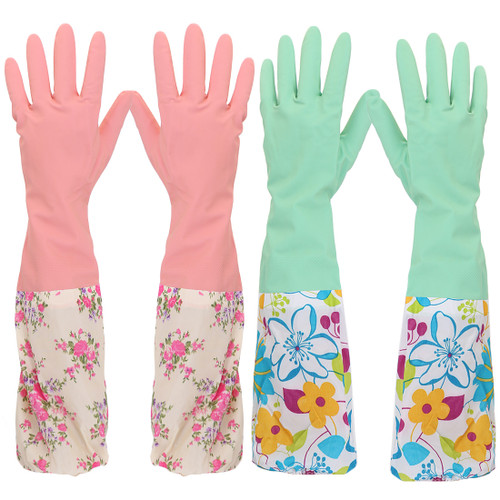 kilofly 2 Pairs Long Cuff Waterstop Dishwashing Cleaning Household Latex Gloves