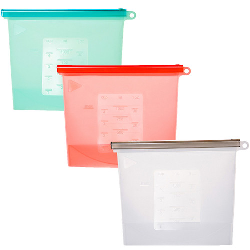 kilofly 3pc 1L Fresh Reusable Silicone Food Storage Bag Airtight Containers Set