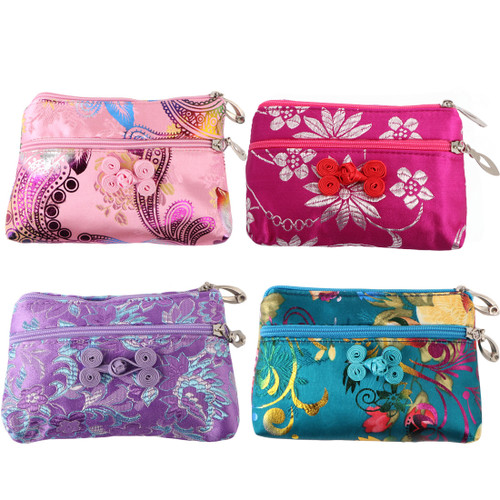kilofly 4pc Chinese Silk Brocade 2 Zipper Purse Jewelry Pouch Bag Value Set