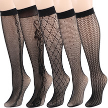 kilofly 5 Pairs Women Black Ultra Thin Stay Up Knee High Socks Fishnet Stockings