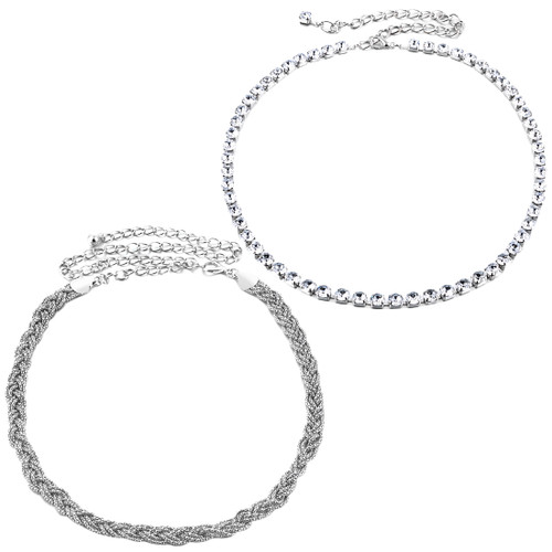 kilofly 2pc Women Elegant Silver Metal Thin Chain Clasp Skinny Belts Waist Bands