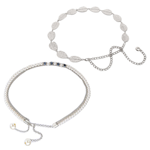 kilofly 2pc Women Elegant Silver Metal Thin Chain Clasp Skinny Belts Waist Bands