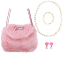 kilofly Little Girls Plush Purse Handbag Shoulder Bags + Faux Pearl Jewelry Set