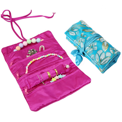 kilofly Soft Silk Embroidery Brocade Jewelry Roll Travel Organizer Pouch, Set of 2