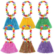 kilofly 6 Sets Girls Elastic Hawaiian Dancer Grass Hula Skirt Floral Lei Costume