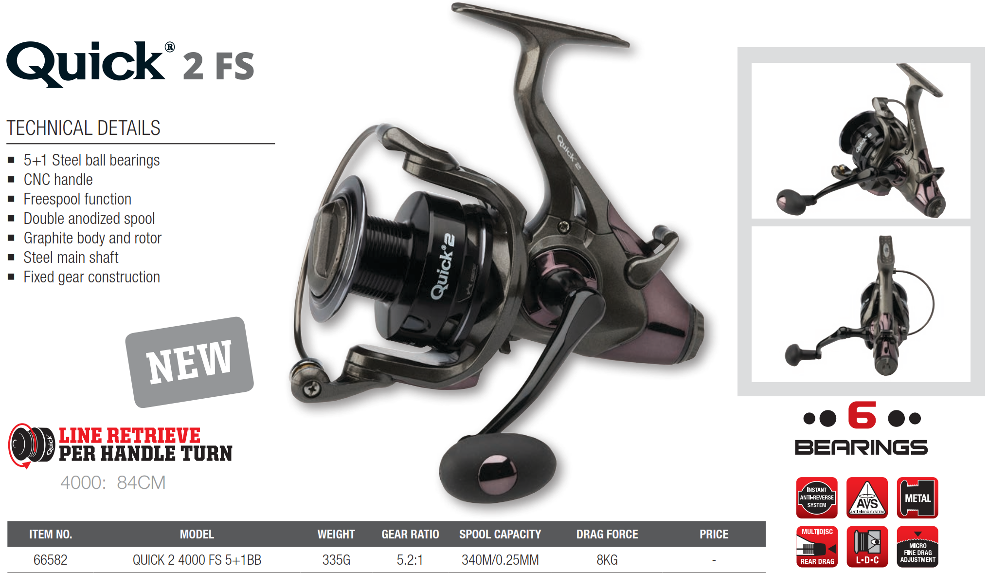 DAM QUICK2 4000FS Free Spool Spinning reel size 4000, 6 BB Aluminium Spool  Gear Ratio: 5.2:1 8kg drag