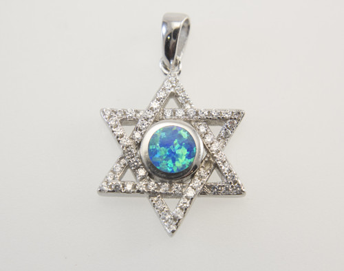Lab Created Opal and Micro Pave Cubic Zirconia Jewish Star 