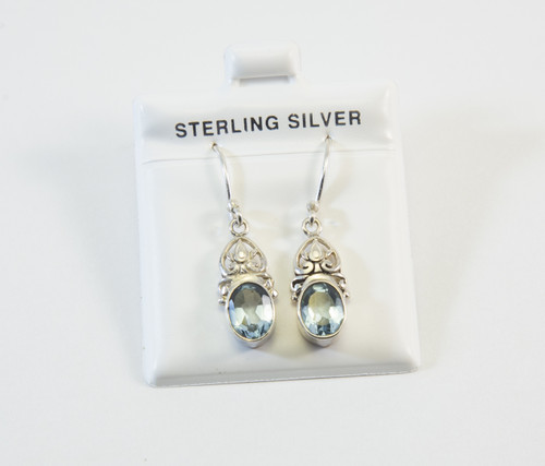 Genuine Oval-Shaped Blue Topaz Earrings with Traditional Balinese Design