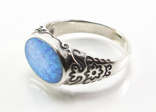 Flat Oval-Shaped Light Blue Lab Opal Ring