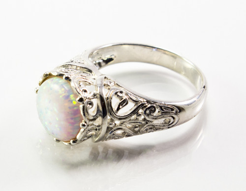 Round White Lab Created Opal and Filigree Ring