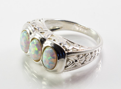 3 Stone White Lab Created Opal Ring