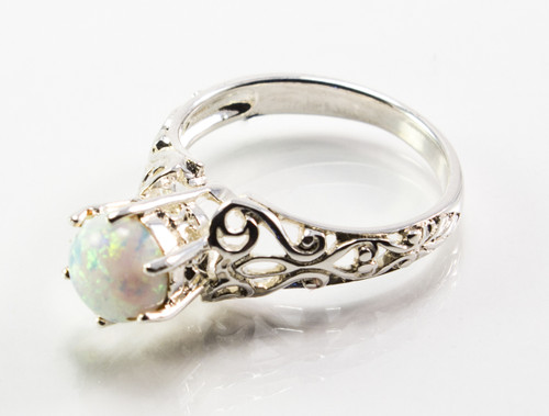 Pronged Round-Shaped White Lab Created Opal Ring with Filigree