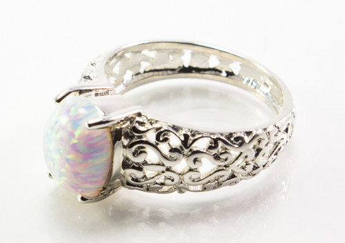Oval-Shaped White Lab Created Opal with Filigree