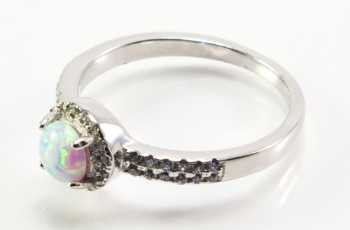 Round-Shaped White Lab Created Opal Ring with Micro Pave CZ