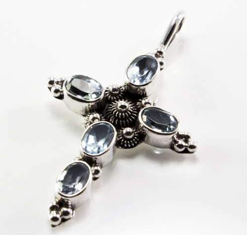 Oval-Shaped Blue Topaz Balinese Cross Pendant