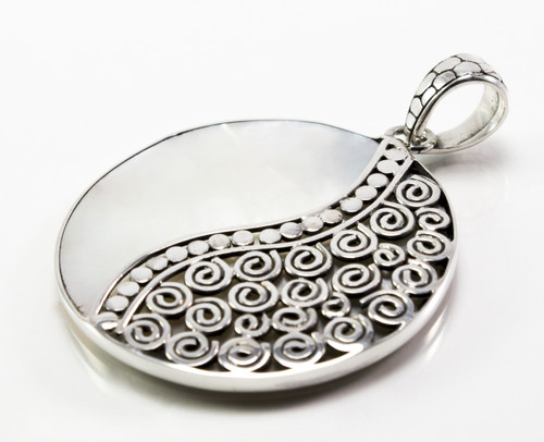 Round Mother of Pearl Pendant w/ Scroll and Dots 