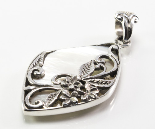 Diamond-Shaped MOP Pendant w/ Flower + Filigree