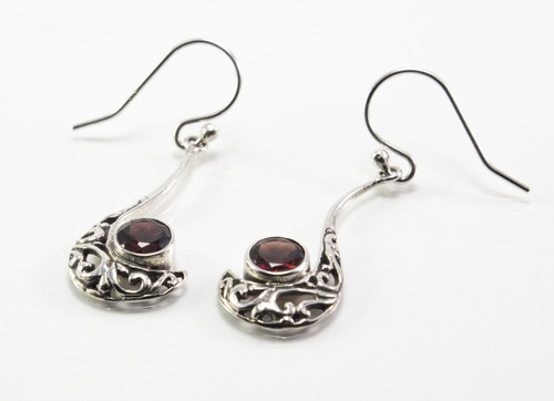 Round-Shaped Garnet and Curvy Balinese Filigree Earrings