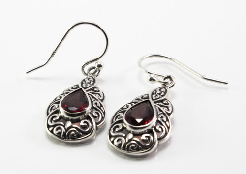 Pear-Shaped Garnet and Filigree Balinese Dangling Earrings