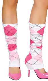 Knit white and pink argyle leg warmers. Pair.