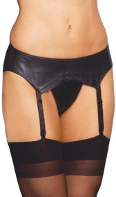 Leather garter belt. Back is adjustable, clasp closure. Garters are adjustable, satin ribbon detail.