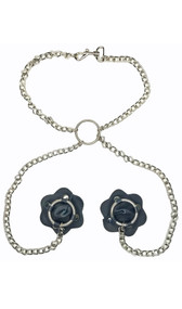 Studded leather flower shaped pasties with attached chain collar.