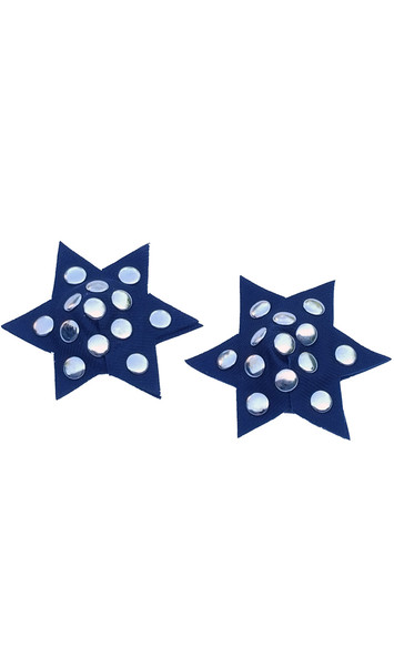 Leather star shaped pasties with nail head studs. Back of pasties is cloth-lined. Studs are also on back side.