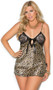 Leopard print chemise features charmeuse satin bodice with lace cups, satin front bow closure, side slit with mini bow accent, and adjustable shoulder straps.
