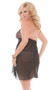 Chiffon halter style babydoll with animal print cups, attached belt and rhinestone buckle. Matching g-string included.