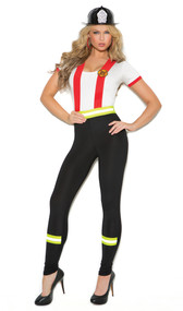 Light My Fire Hero costume includes pants with attached red suspenders, fireman patch and contrasting yellow safety stripes. Short sleeve ringer top also included. Two piece set.