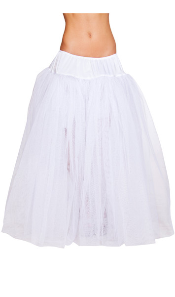 Full length mesh petticoat with satin elastic waistband. Four layers.