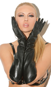 Long leather elbow length gloves.