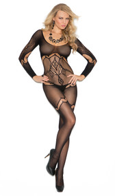 Long sleeve crochet bodystocking with floral design and open crotch.